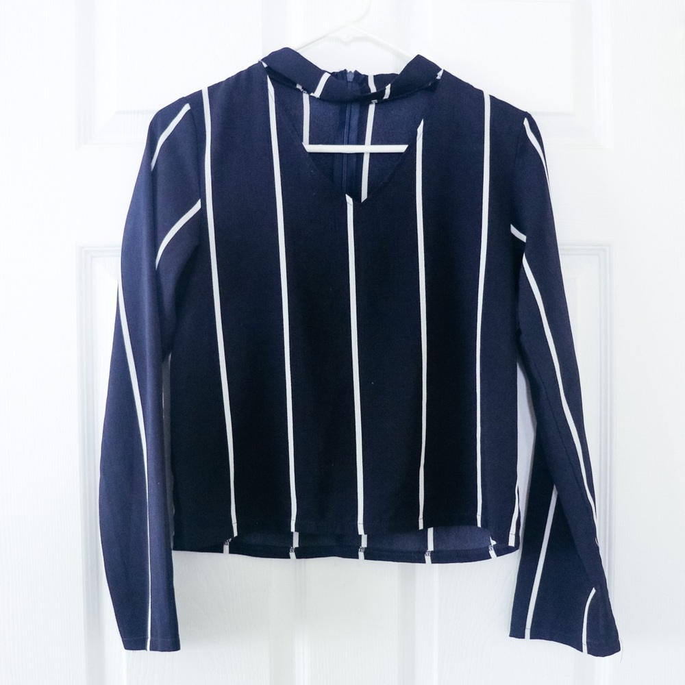 Navy Blouse with horizontal Stripes